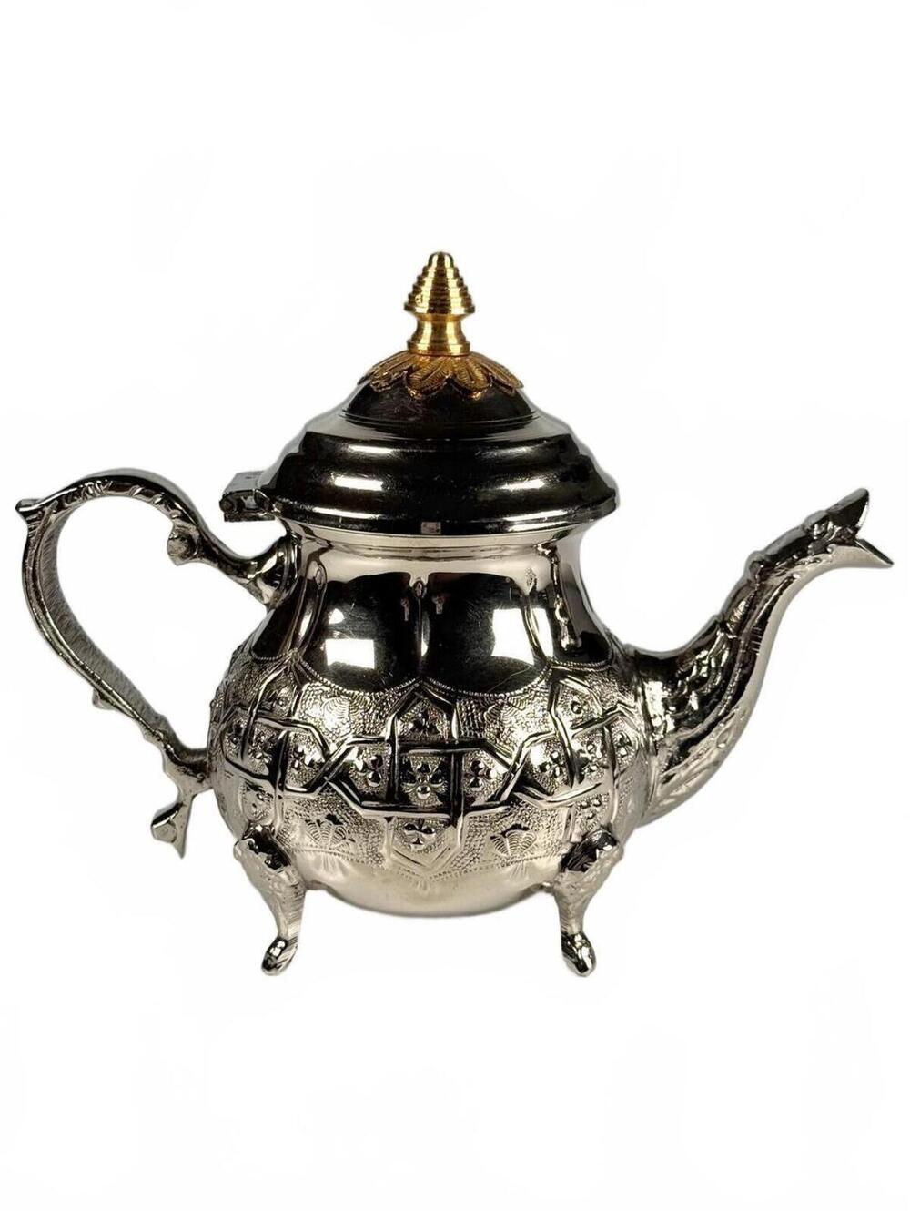 Vintage Dar el Afrah Moroccan Silver Plate Engraved Oriental Teapot Brass Finial